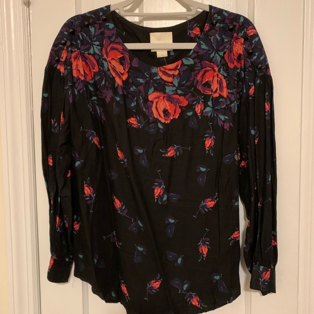 Maeve Anthropologie NWT Blouse Black Floral Rose Boho Flowy